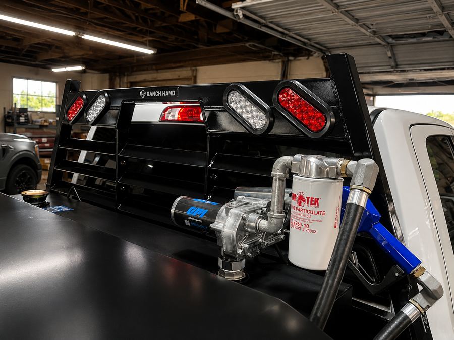 Headache rack with work lights and a transfer fuel tank