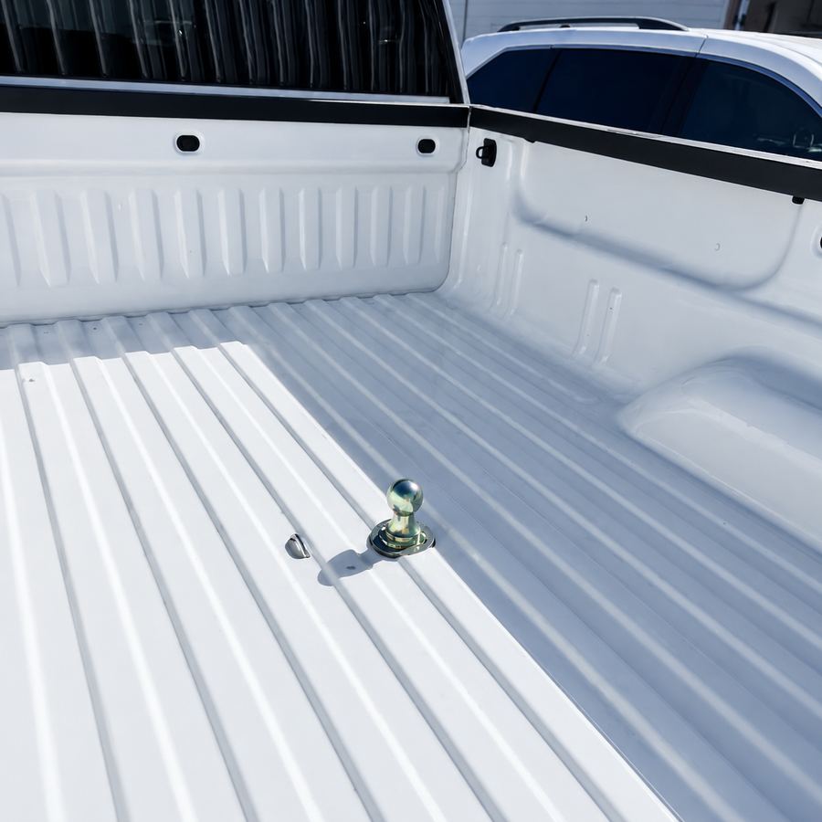 Gooseneck hitch ball installed in a truck bed